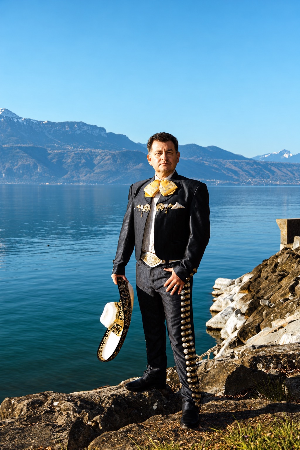 Luis Antonio Núñez, El Mariachi, con traje negro y dorado junto al lago y las montañas